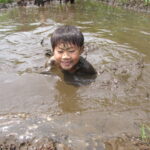泥田んぼで泳ぐ。ぬめぬめした触感も、だんだん心地よくいつまでも浸かっていたくなるから不思議です。